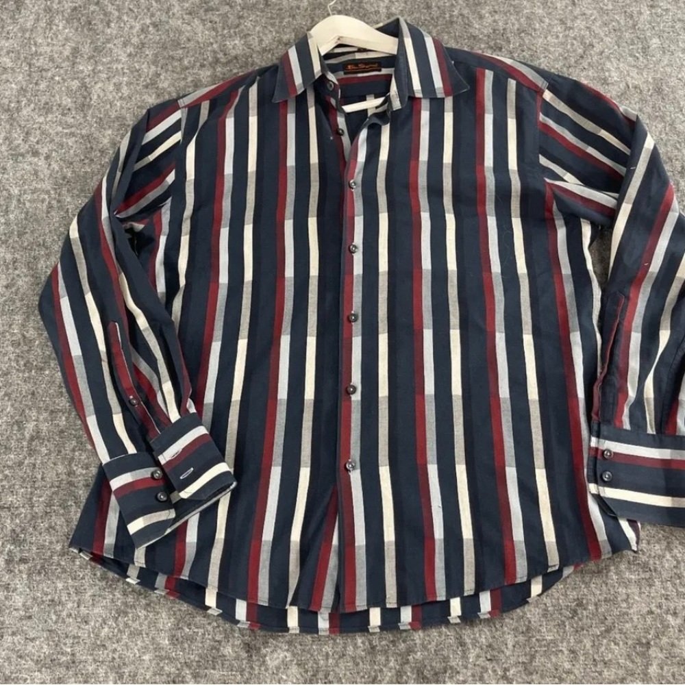 Ben Sherman Shirt Mens Large Blue Striped Button Up Vertical Long Sleeve N88